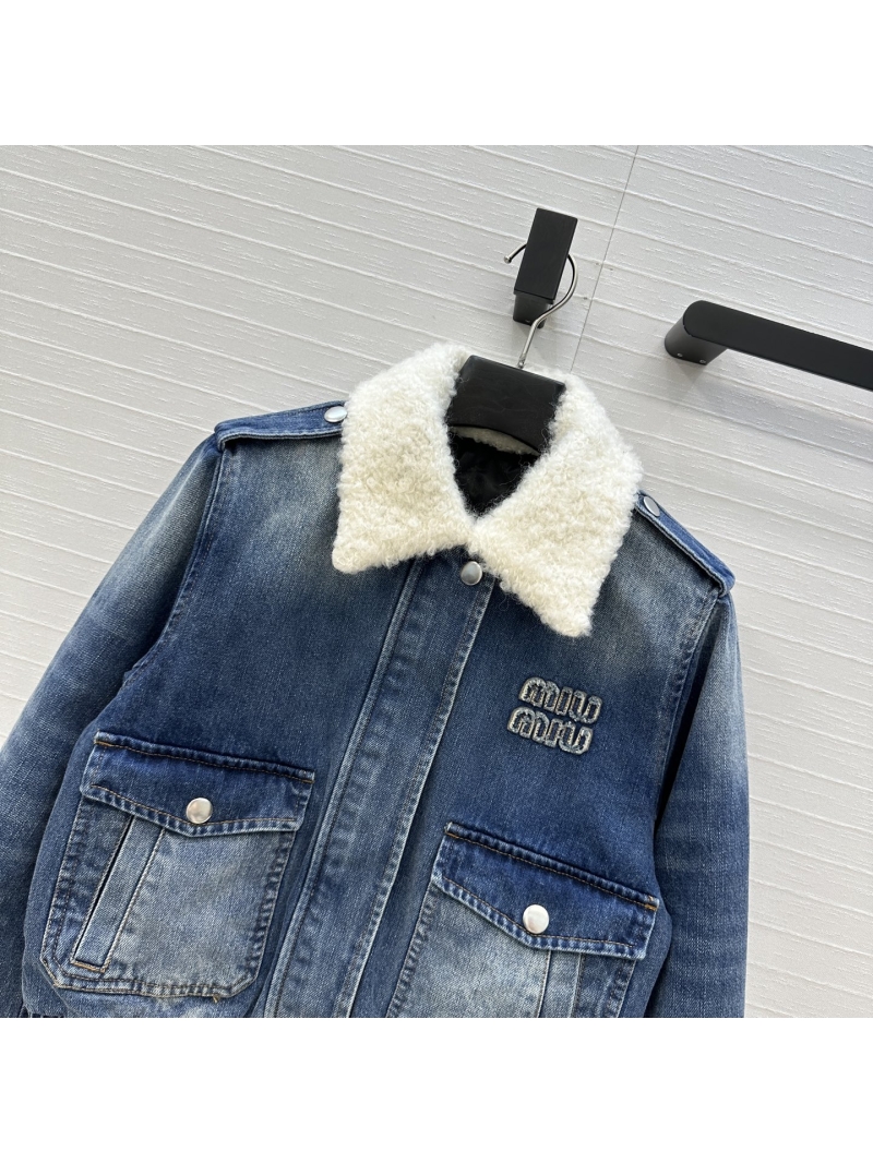 Miu Miu Denim Jacket with Shearling Collar – Quilted Cotton, Cropped Moto Style