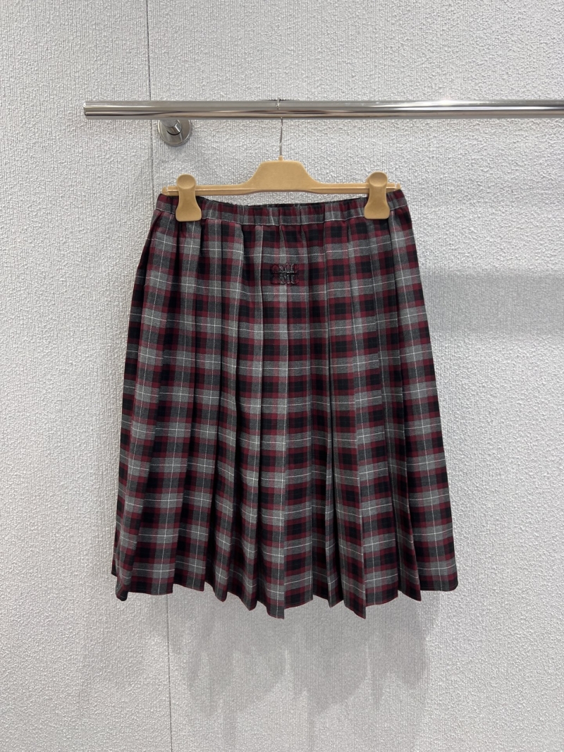 Miu Miu Pleated Wool Plaid Skirt | Limited Edition Autumn Winter Collection | Burgundy, Gray & Black Tartan with Drawstring Waist