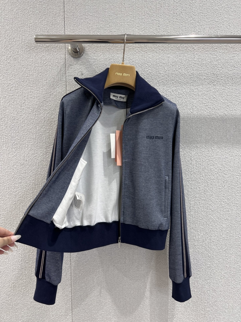 Miu Miu Cropped Track Jacket with Contrast Collar and Striped Sleeves - Sporty Chic Luxury Outerwear