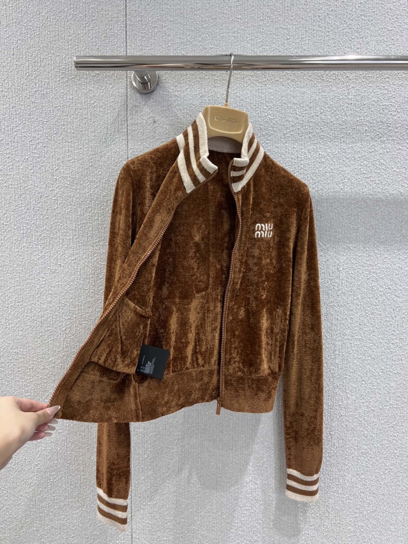 Miu Miu Cropped Velour Zip-Up Knit Cardigan - 25FW Early Autumn Limited Edition - Caramel Brown with Contrast Ribbing & Embroidered Logo