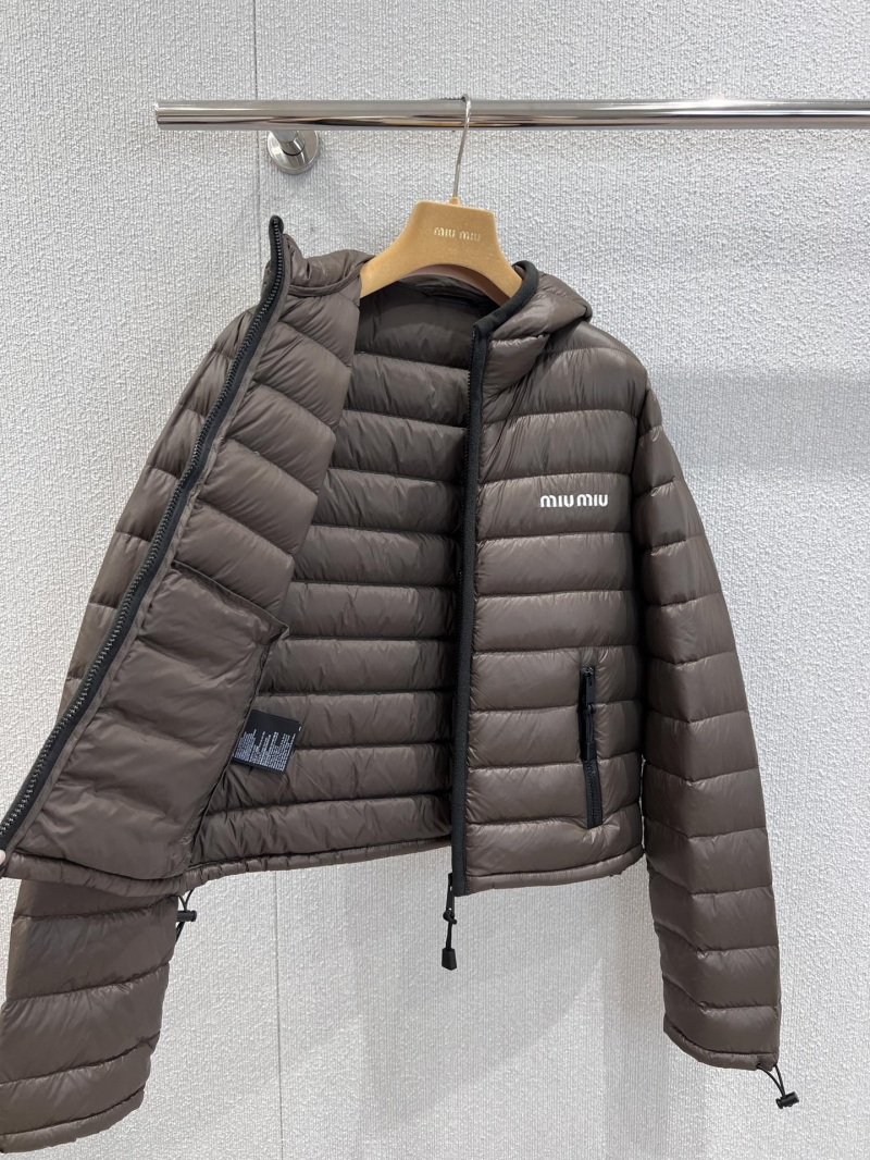 Miu Miu Cropped Hooded Down Puffer Jacket in Dark Taupe Brown - Embroidered Logo, Lightweight & Insulated