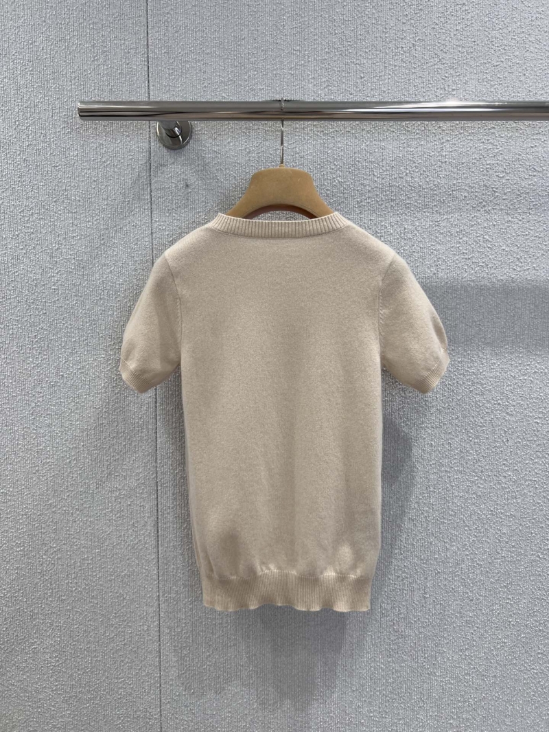 Miu Miu Early Spring 2026 Short-Sleeve Cashmere Knit Top with Three-Button Placket in Soft Beige - Tailored Fit, Cropped Length, Minimalist Luxury