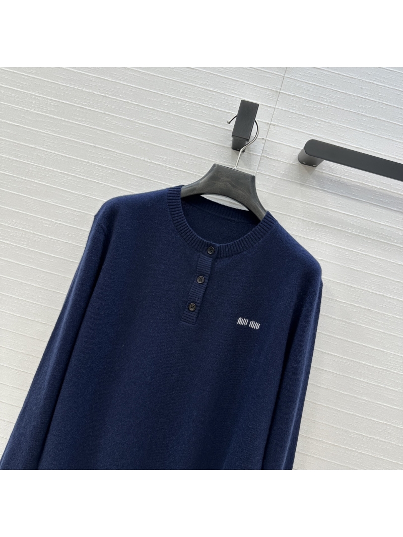 Miu Miu Inspired Cashmere Blend Knit Sweater, Round Neck with Logo Placket, Navy Blue