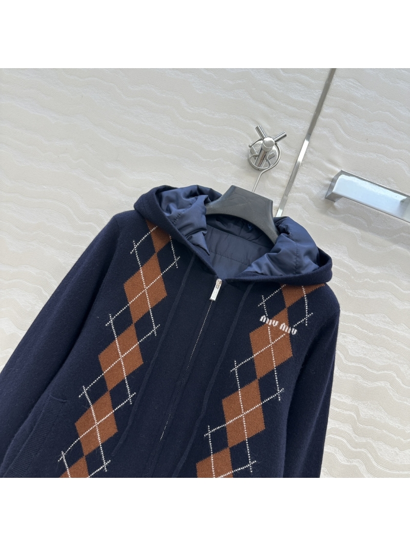 Miu Miu Inspired Wool-Blend Knit Hooded Coat – Argyle Academic Style Jacket