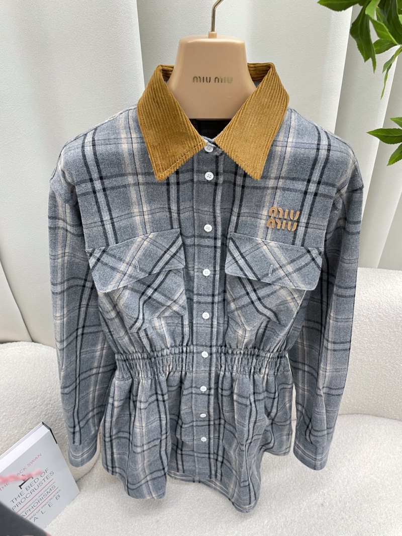 Miu Miu 2025 New Plaid Wool Mini Dress | Contrast Corduroy Collar