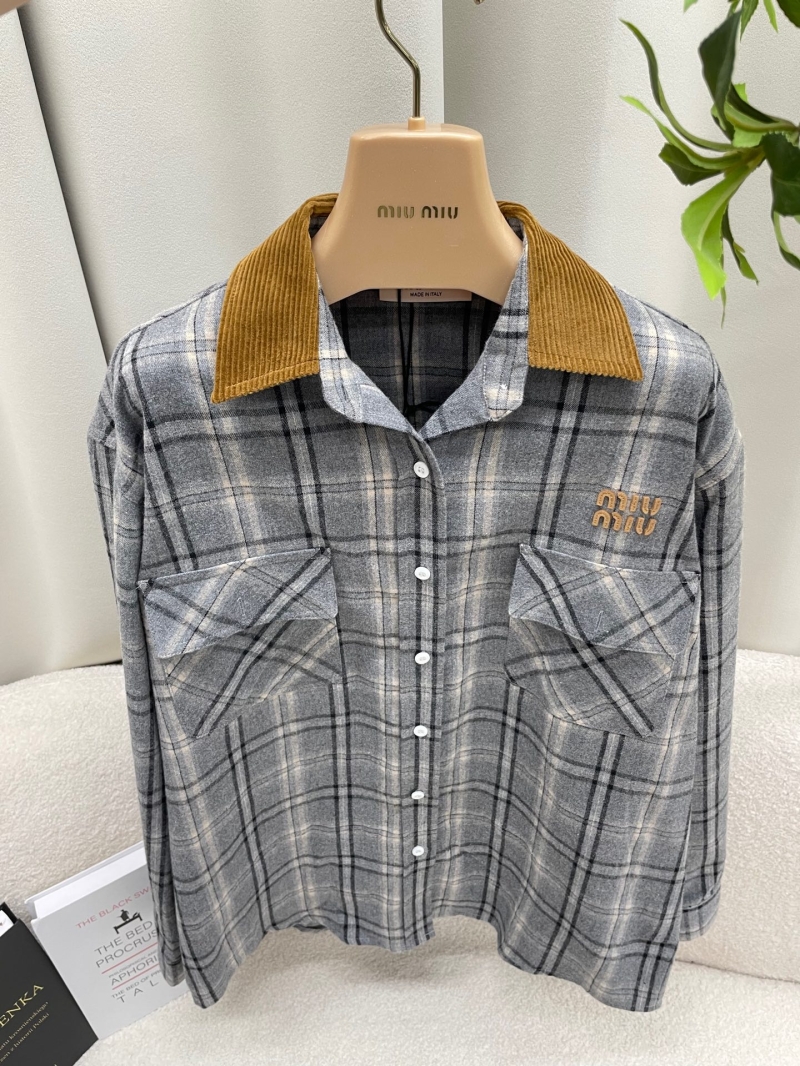 Miu Miu 2025 New Academic Plaid Utility Shirt and Mini Skirt Set | 100% Sheep Wool Blend, Contrast Corduroy Collar, Grey Plaid