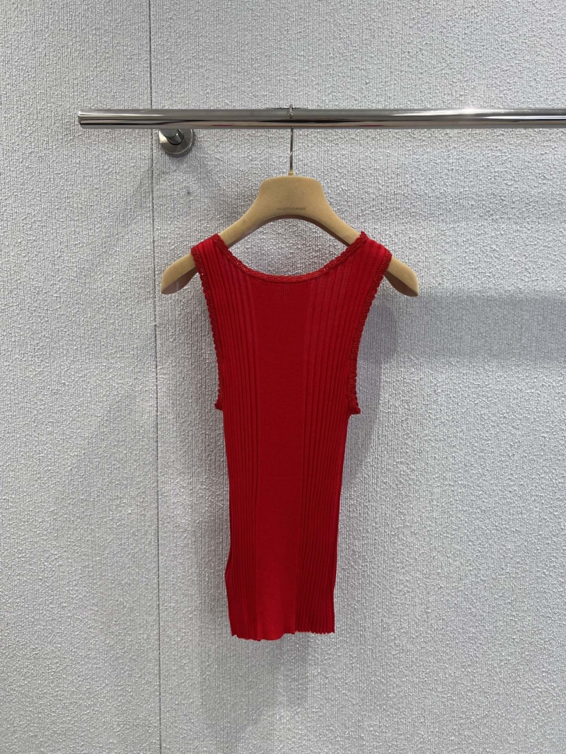 Miu Miu Vibrant Red Rib-Knit Wool Vest with Delicate Lace Trim and Mini Logo Patch