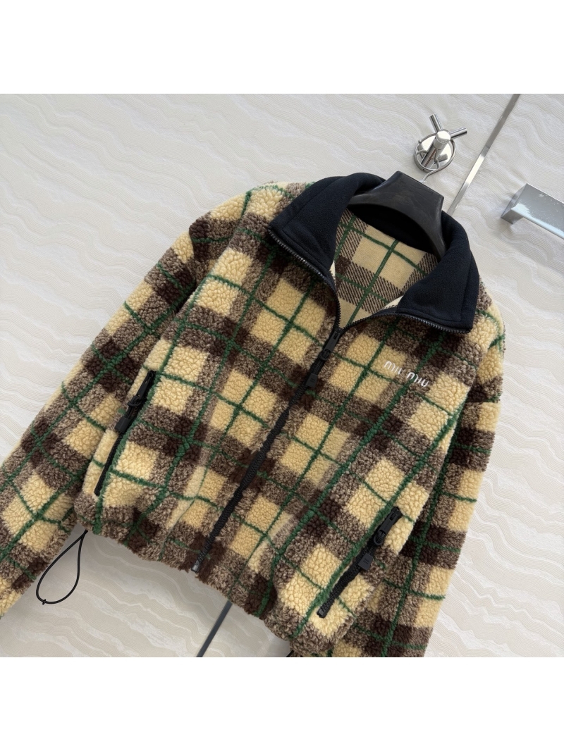 Miu Miu Opulent Yarn-Dyed Plaid Fleece Cropped Jacket, Tan & Forest Green, Adjustable Hem