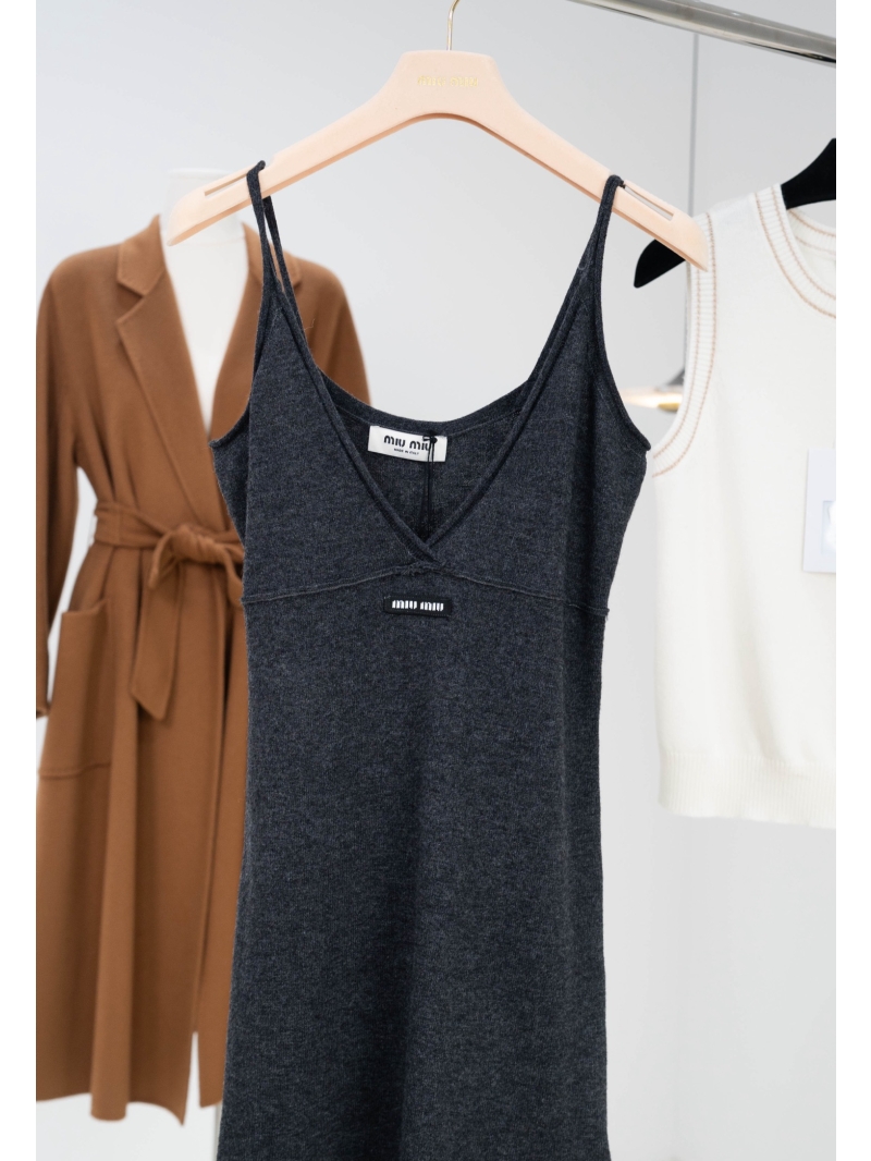 Miu Miu Elevated Knit Camisole Dress | Signature M-Neckline, Soft Charcoal Gray Knit