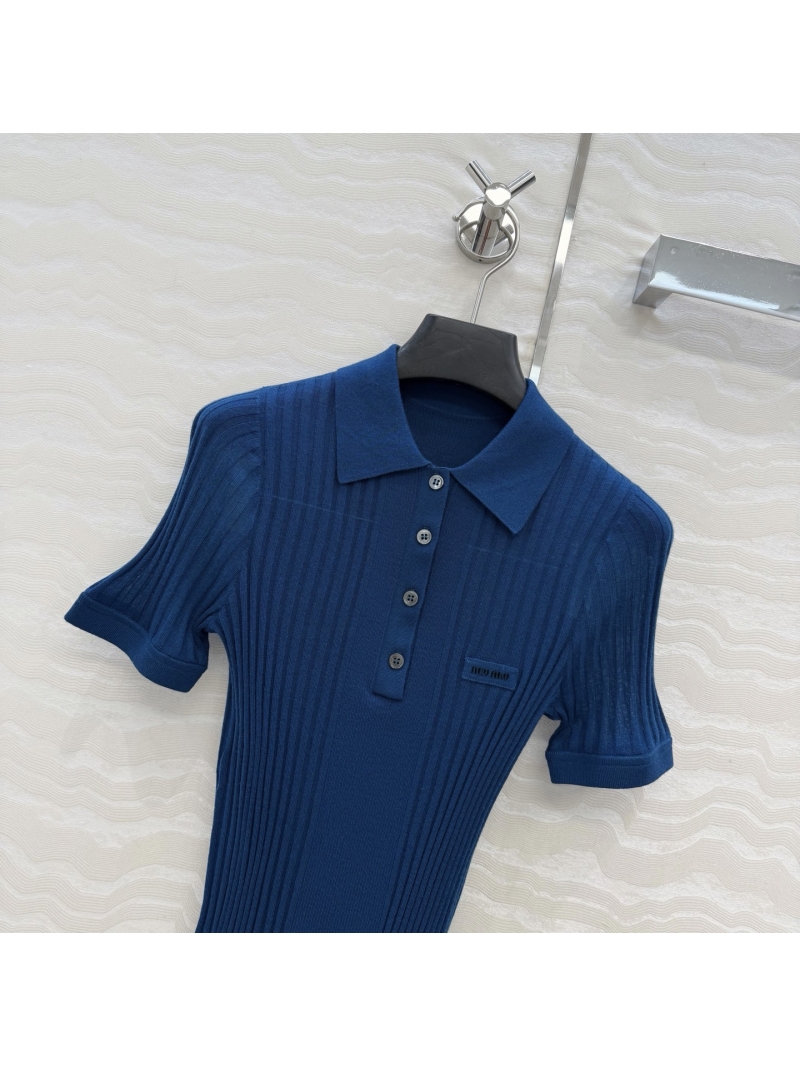 Miu Miu Exquisite 100% Merino Wool Polo Top | Slim-Fit, 18-Gauge Knit, Vibrant Blue
