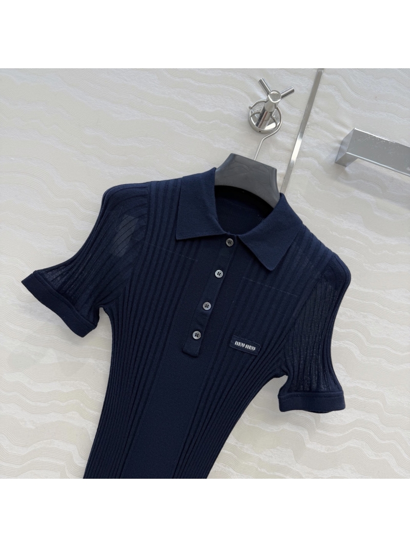 Miu Miu Exquisite 100% Merino Wool 18-Gauge Slim-Fit Polo Top in Sapphire Blue