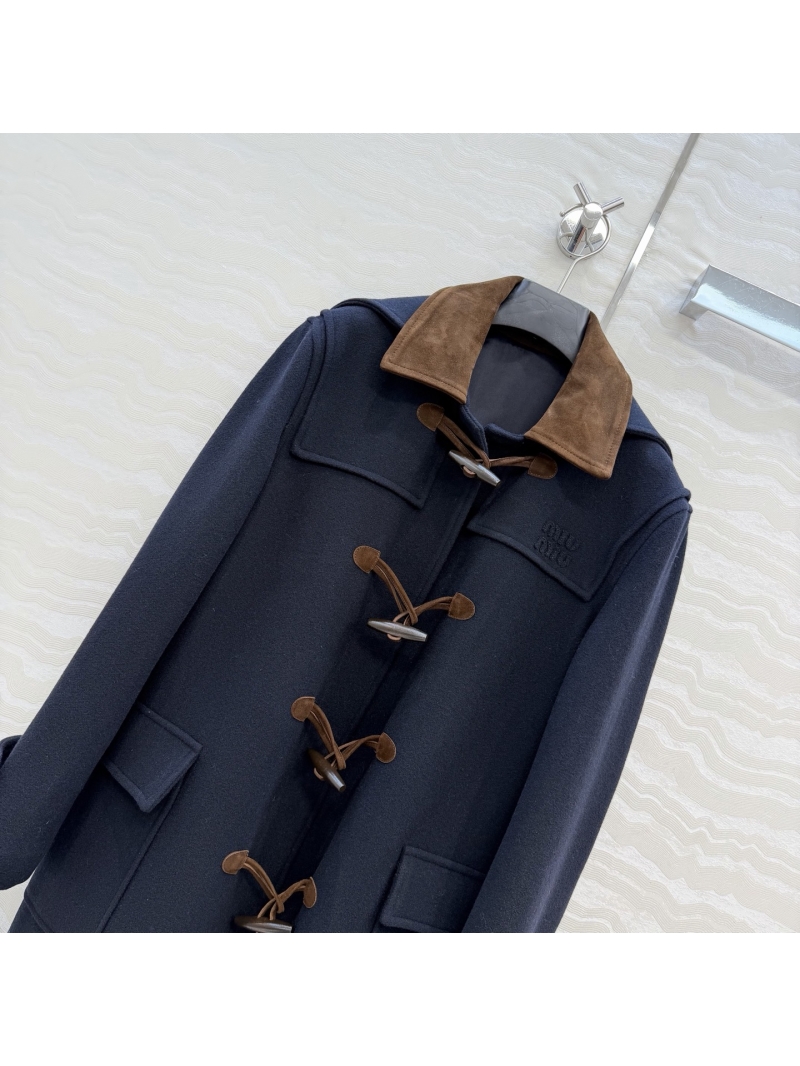 Miu Miu Exquisite Imported Melton Wool Duffle Coat with 100% Lambskin Collar – Navy & Camel