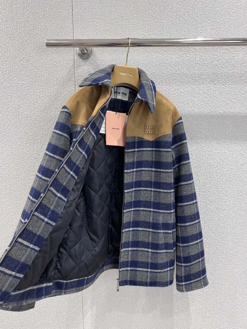 Miu Miu Retro Plaid Wool Blouson Jacket | Suede Contrast Yoke, Oversized Fit, Blue-Grey