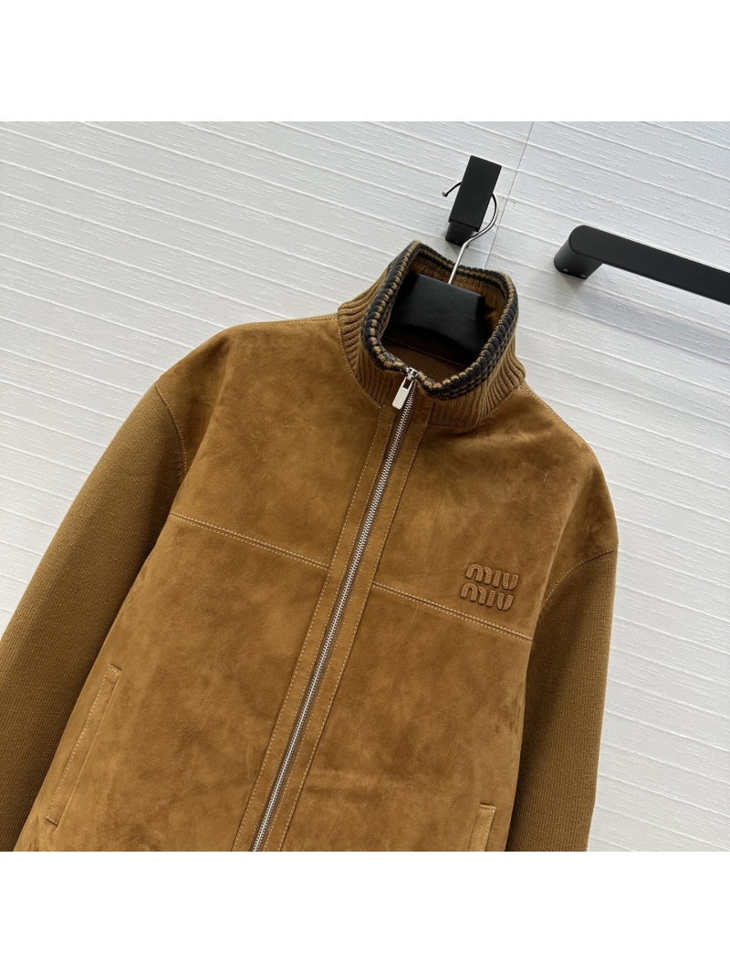 Miu Miu-Inspired Opulent Suede Lambskin & Heavy Ribbed Knit Stand Collar Jacket, Caramel
