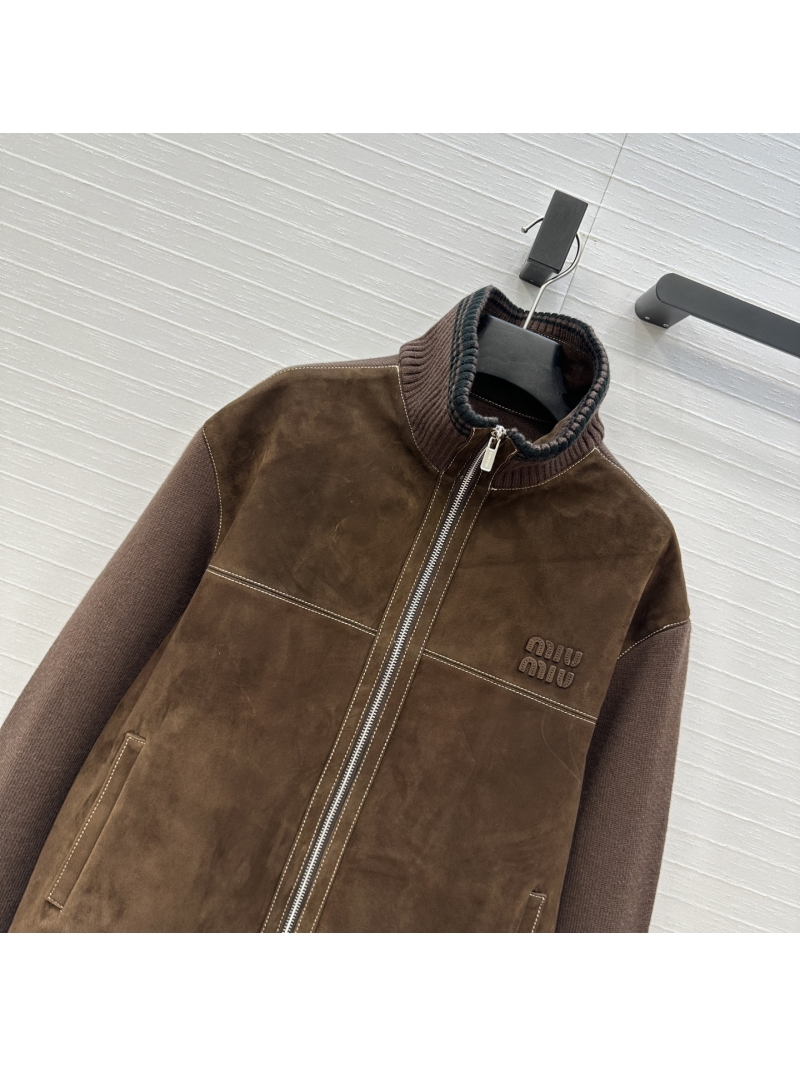 Miu Miu Sumptuous Brown Suede Lambskin and Ribbed Knit Paneled Bomber Jacket