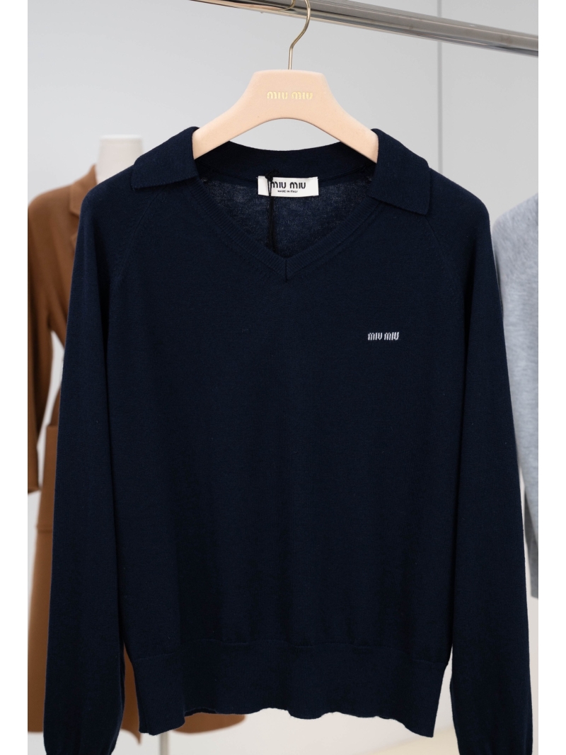 Miu Miu 2025SS Signature Embroidered Wool Knit Polo Top in Navy Blue