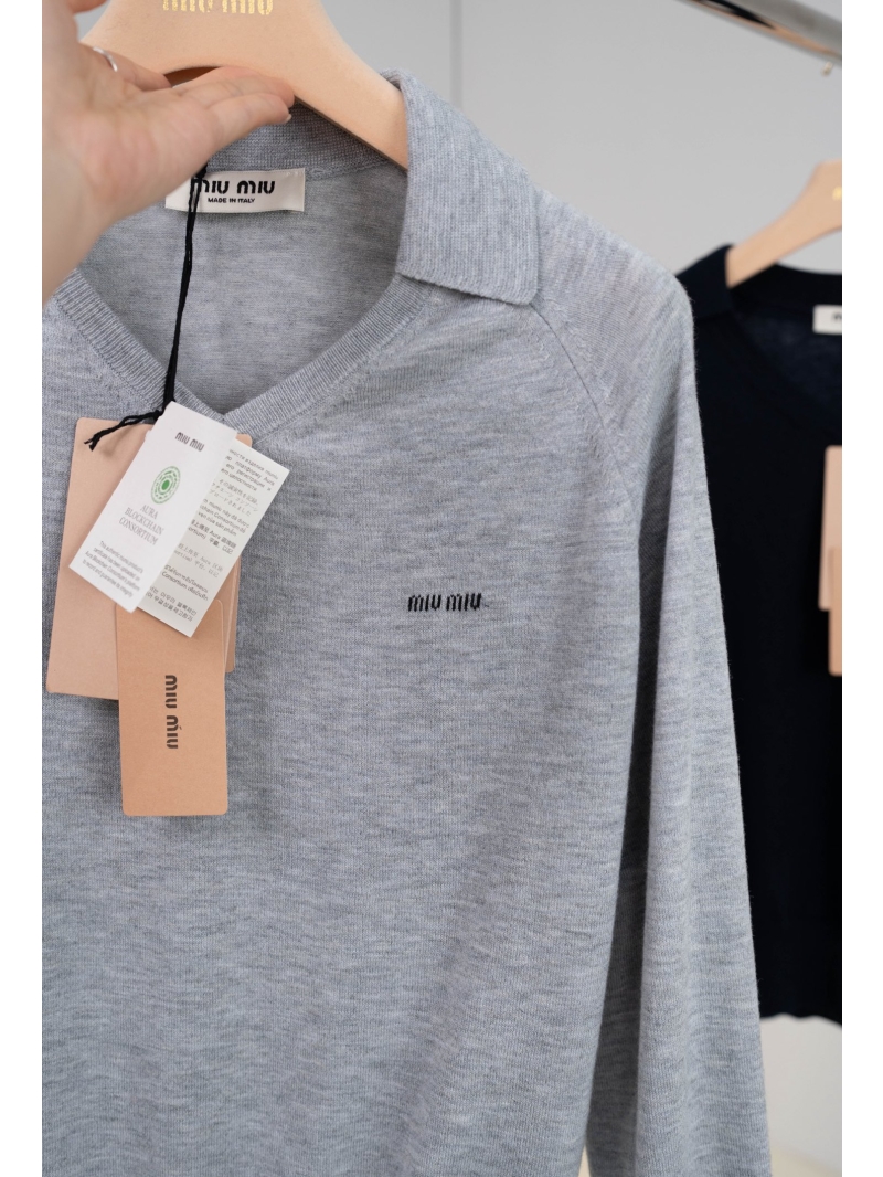 Miu Miu Wool Knit Polo Top - Exquisite Heather Gray Signature Sweater
