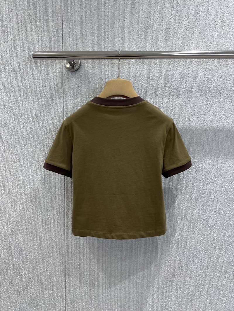 Miu Miu Cropped Ringer T-Shirt in Olive Green and Espresso Brown - Exquisite 3D Logo Embroidery