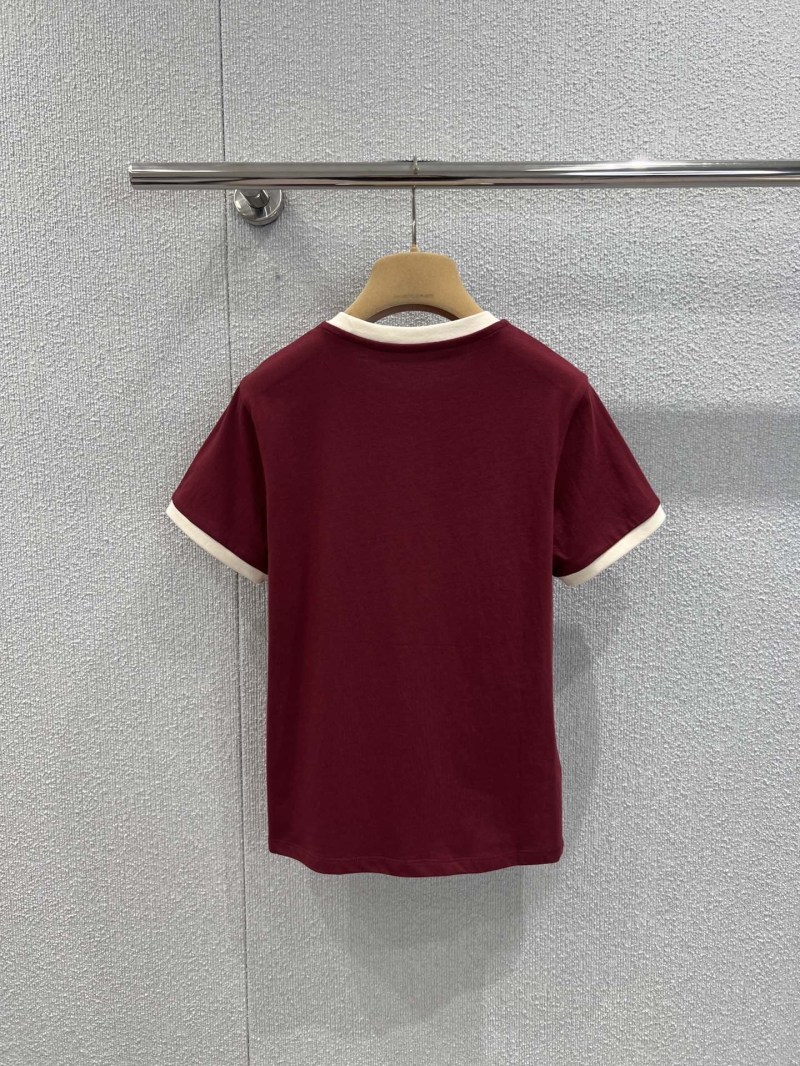 Miu Miu Contrast Ringer Cotton T-Shirt in Burgundy and Off-White - 3D Logo Embroidery, Slim Fit, Signature Spring Collection