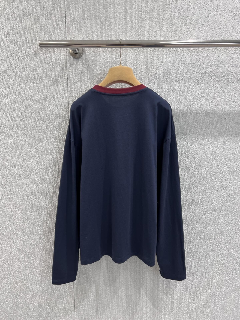 Miu Miu Long-Sleeved Cotton T-Shirt - Navy & Burgundy Contrast Logo