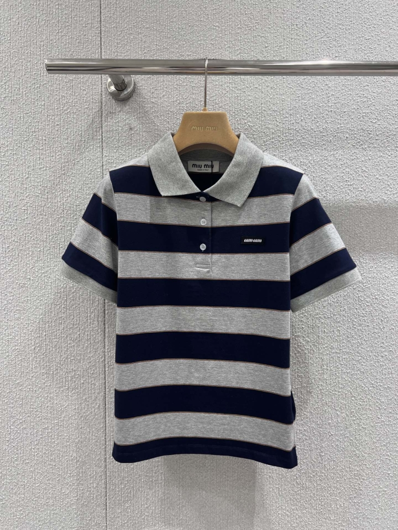 Miu Miu Striped Knit Polo Shirt in Navy Blue and Heather Gray