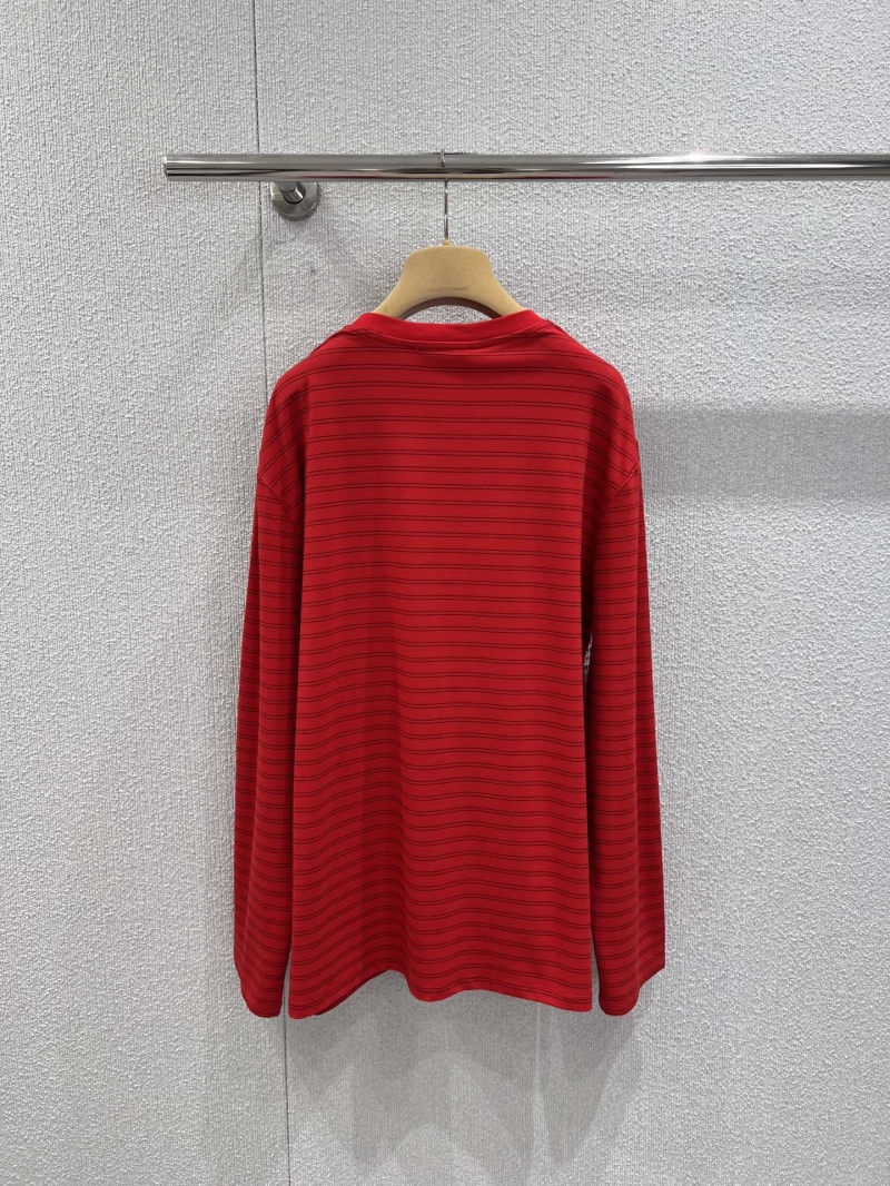 Miu Miu Red Striped Long-Sleeved Cotton T-Shirt with Signature Logo Pocket