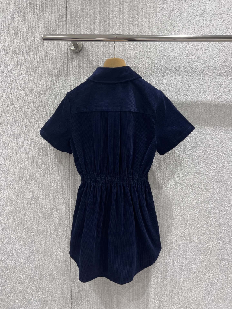Miu Miu Navy Blue Corduroy Mini Shirtdress with Logo Embroidery