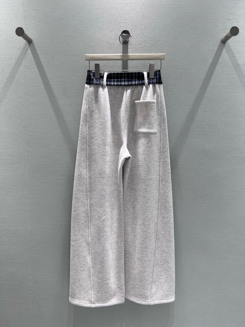 Miu Miu Wide-Leg Plaid-Sash Fleece Sweatpants in Heather Gray