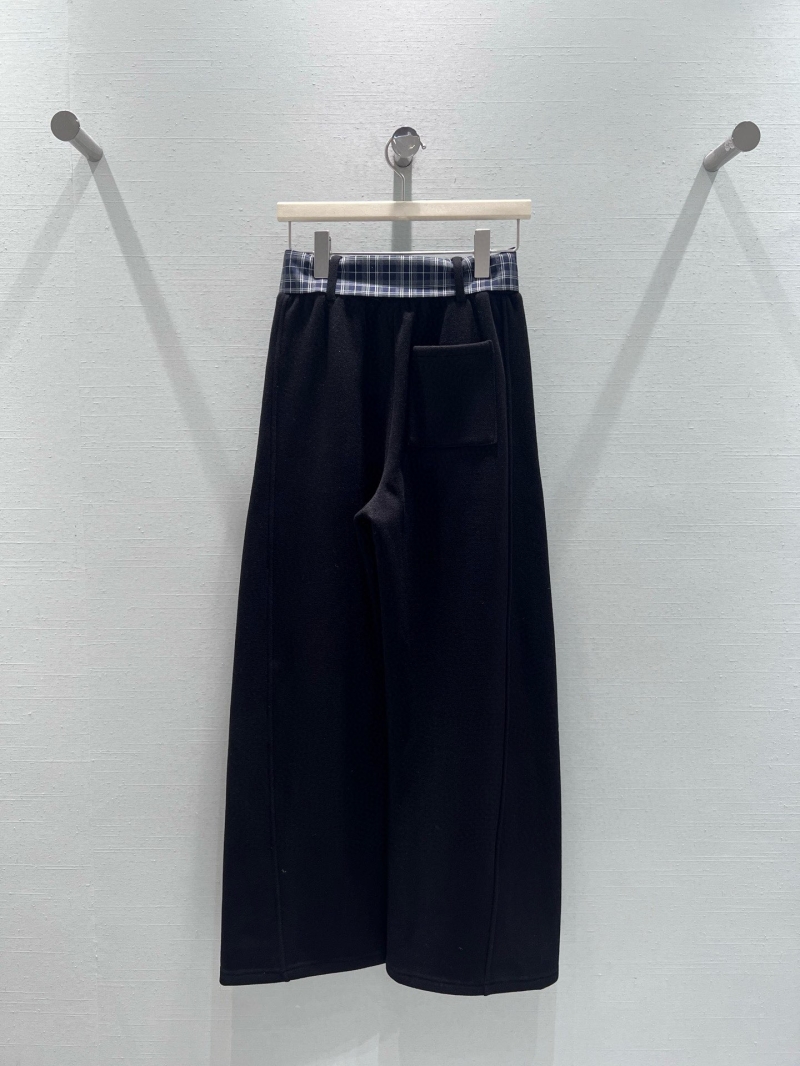 Miu Miu Micro-Logo Fleece-Lined Wide-Leg Trousers with Plaid Tie in Black