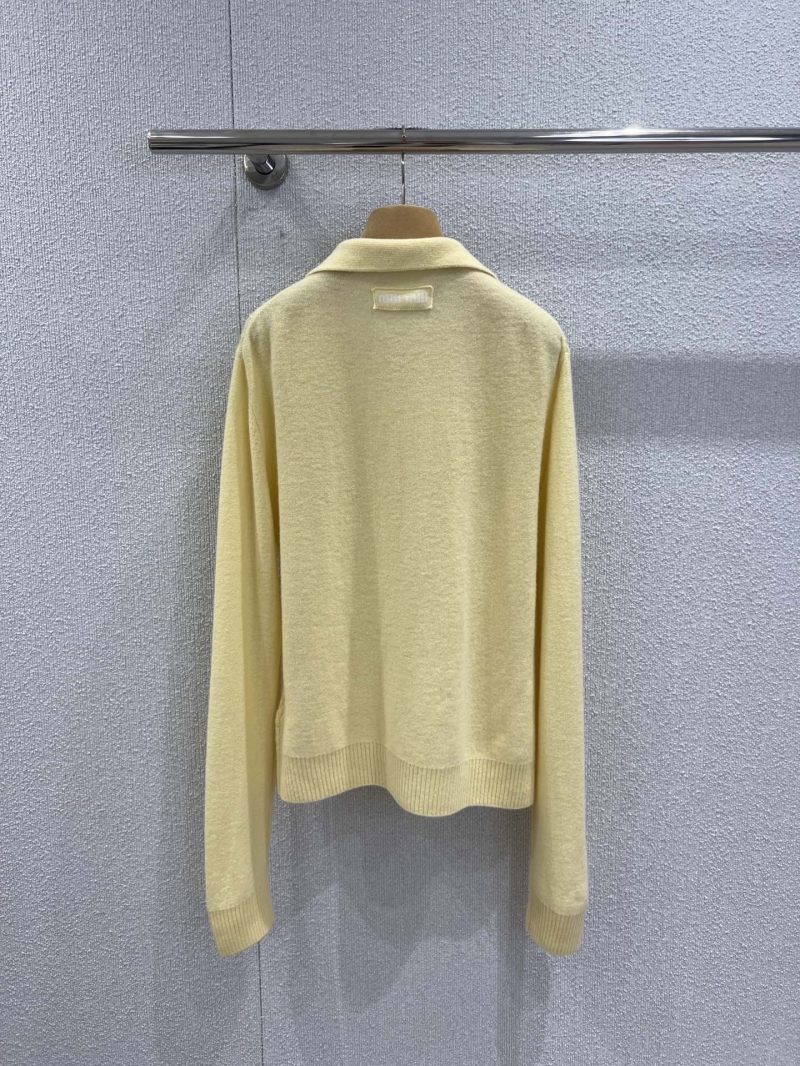 Miu Miu Openwork Knit Wool-Cashmere Polo Sweater in Pastel Yellow