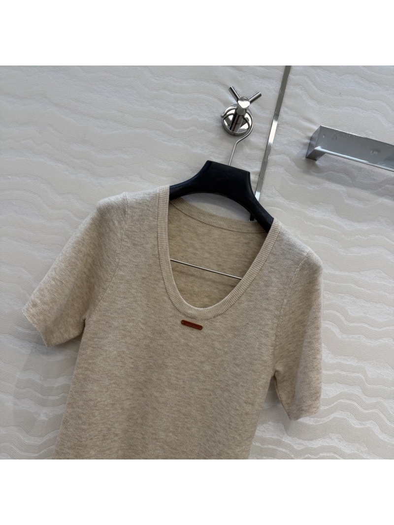 Miu Miu Oatmeal Merino Silk-Wool Ribbed Knit U-Neck Top