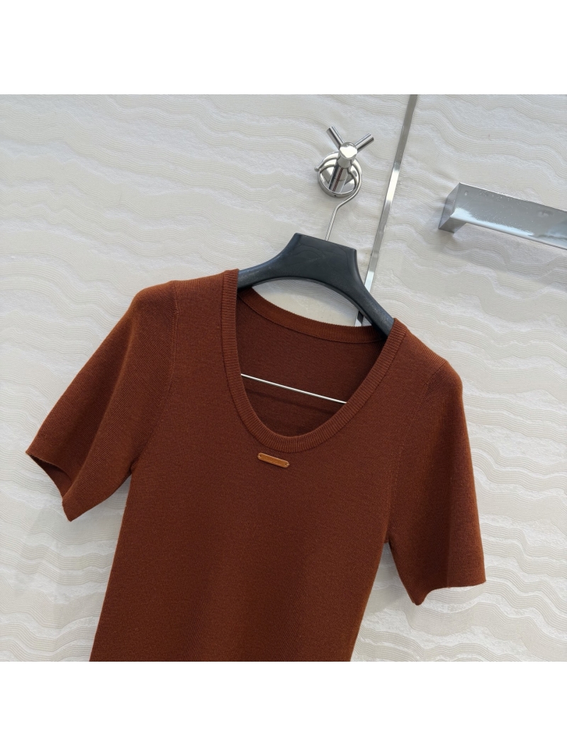 Miu Miu Exquisite Merino Silk Wool U-Neck Ribbed Knit Top in Terracotta