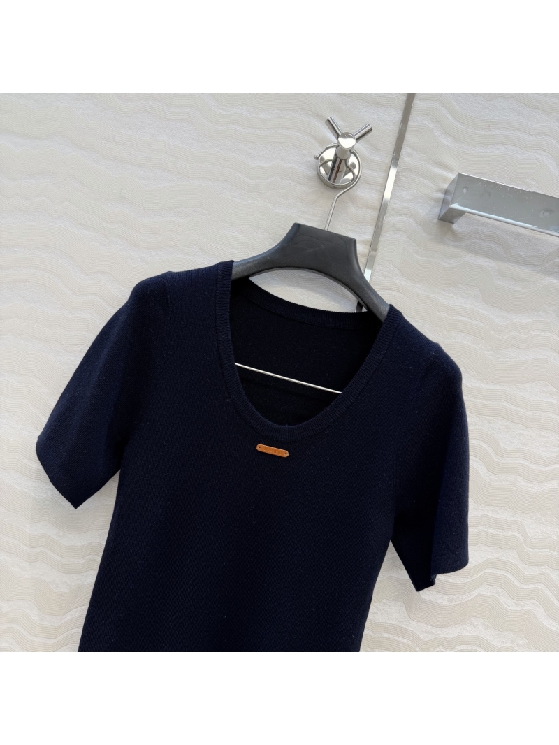 Miu Miu Merino Silk Wool Blend Ribbed Knit U-Neck Slim-Fit Top in Navy Blue