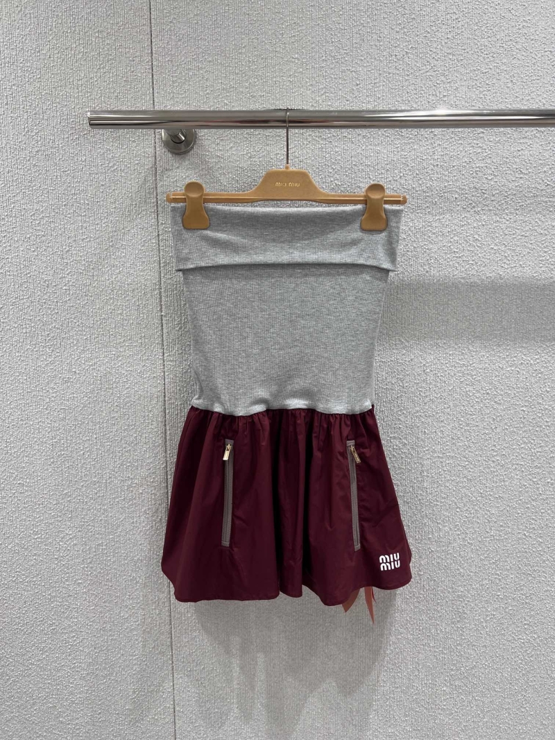 Miu Miu Strapless Two-Tone Technical Mini Dress in Heather Grey and Burgundy