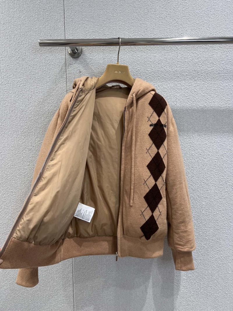 Miu Miu Maillard Cashmere Argyle Hooded Down Jacket in Caramel and Dark Brown
