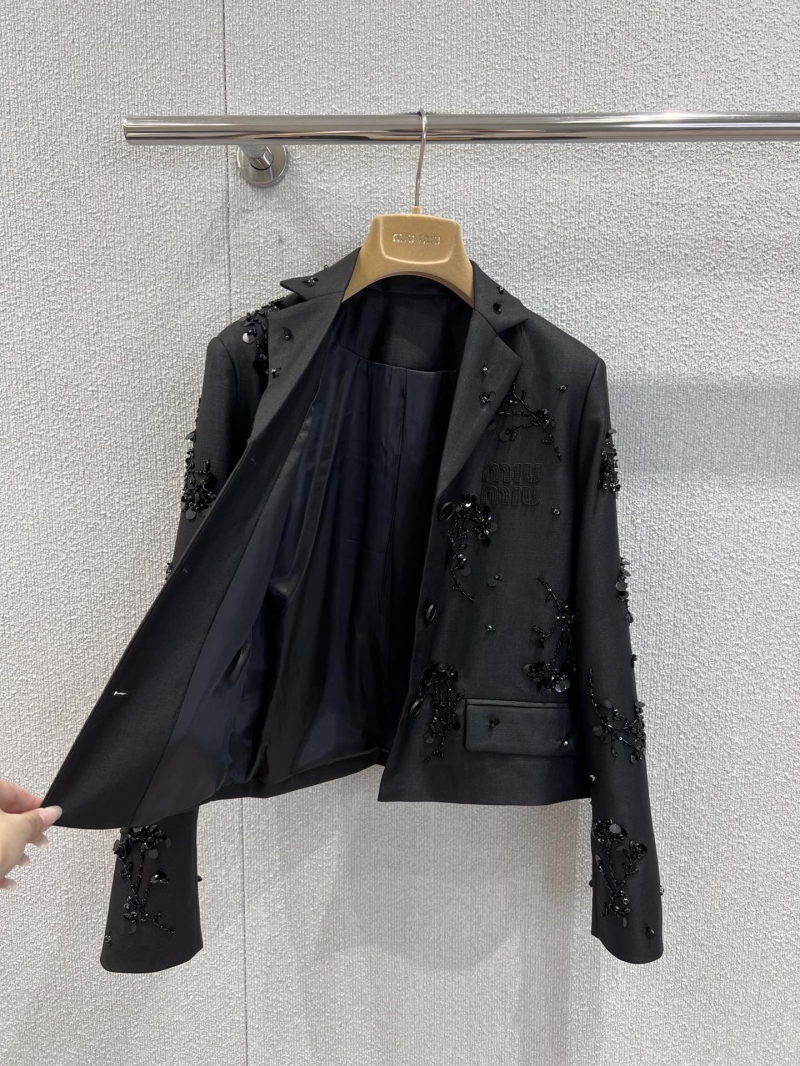 Miu Miu Hand-Beaded Sequin Tailored Short Blazer in Black
