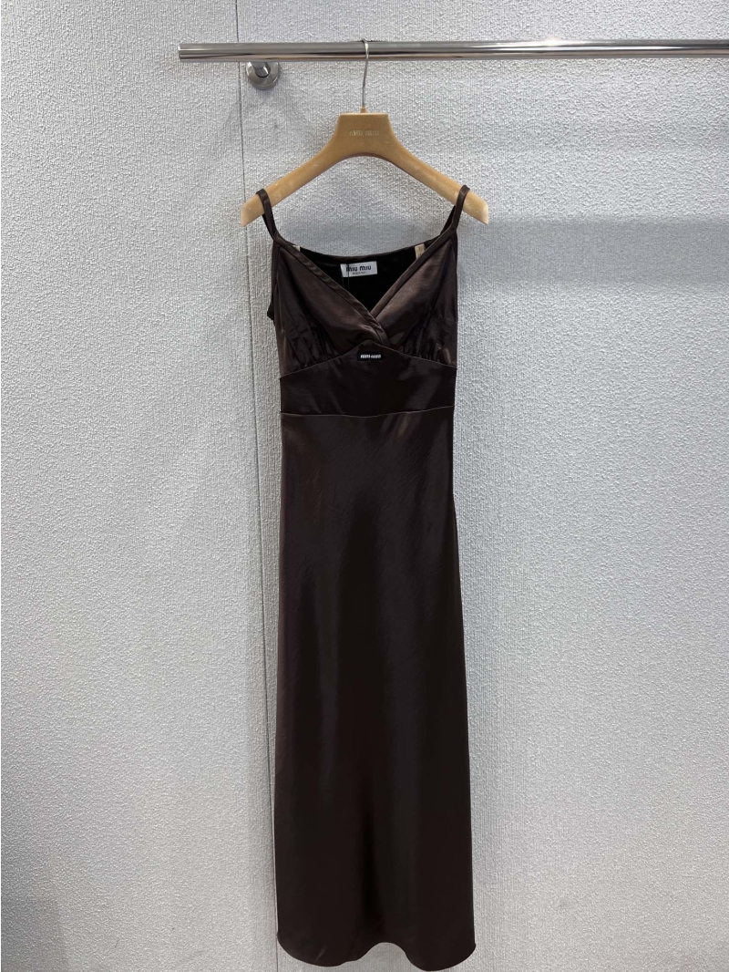 Miu Miu Bow-tie V-neck Satin Slip Maxi Dress in Espresso Brown