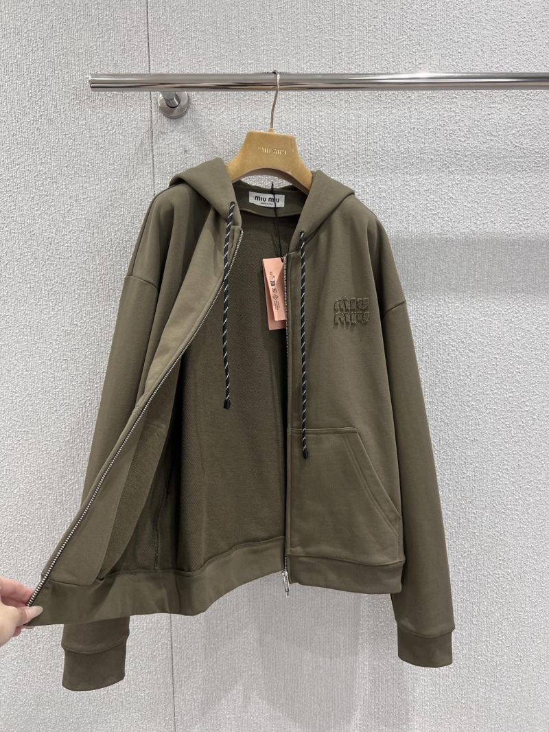 Miu Miu Muted Olive Green Relaxed Full-Zip Cotton Hoodie