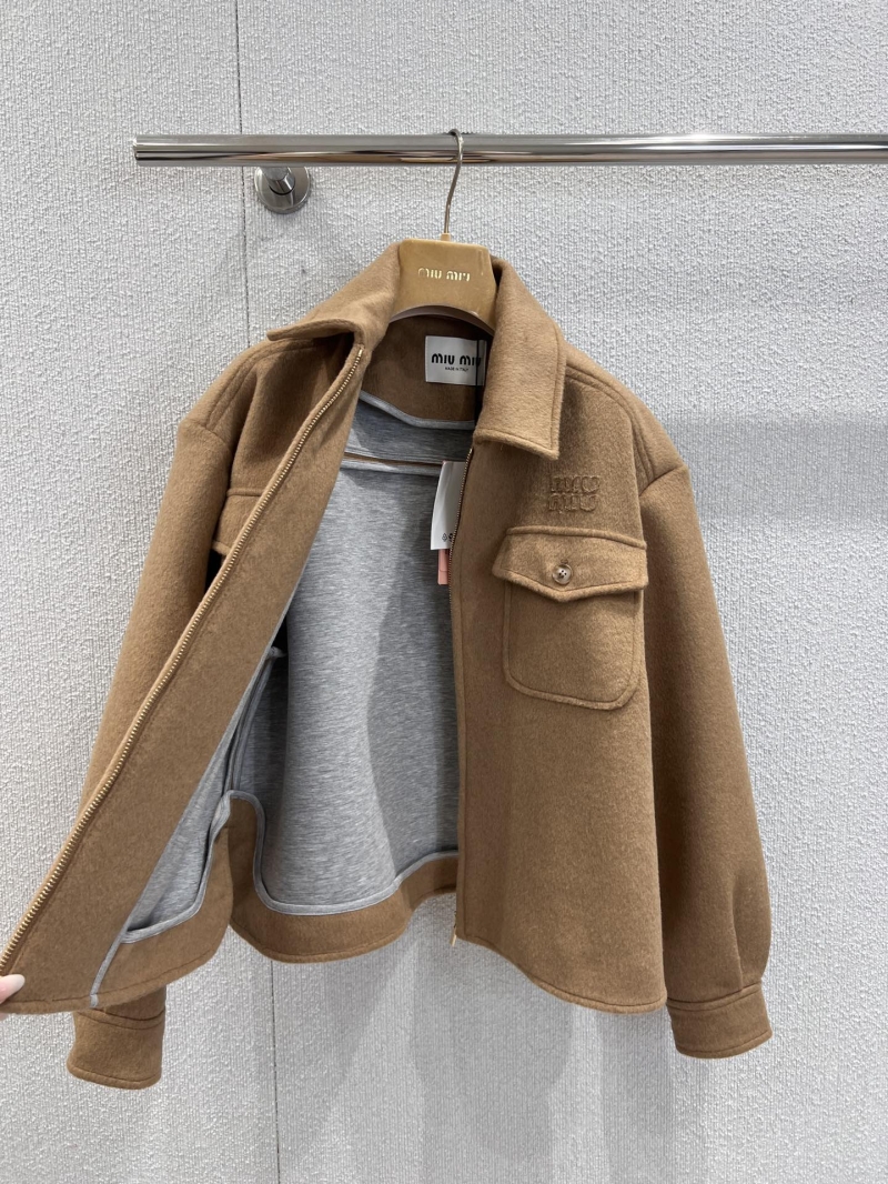 Miu Miu Limited Edition Camel Wool-Blend Cropped Zipper Jacket - Exquisite Logo Embroidery, Utility Pockets, Relaxed Fit