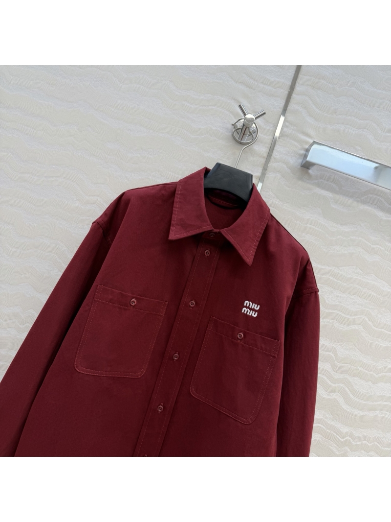 Miu Miu Signature Yarn-Dyed Washed Denim Oversized Shirt Jacket in Lucky Natal Red