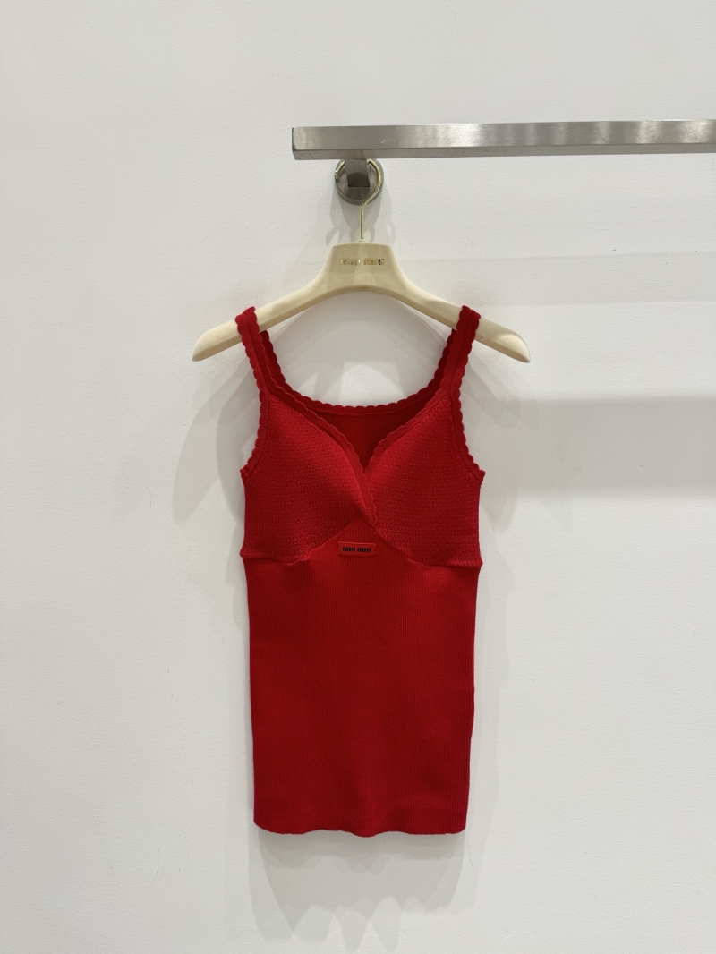 Miu Miu Scalloped Red Knit Camisole Top with Signature Logo Patch