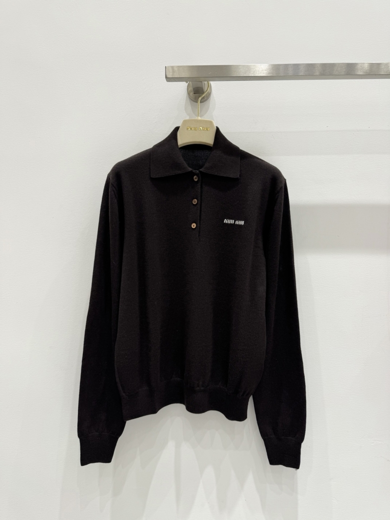 Miu Miu Sheep Wool Long-Sleeve Polo Sweater in Deep Brown