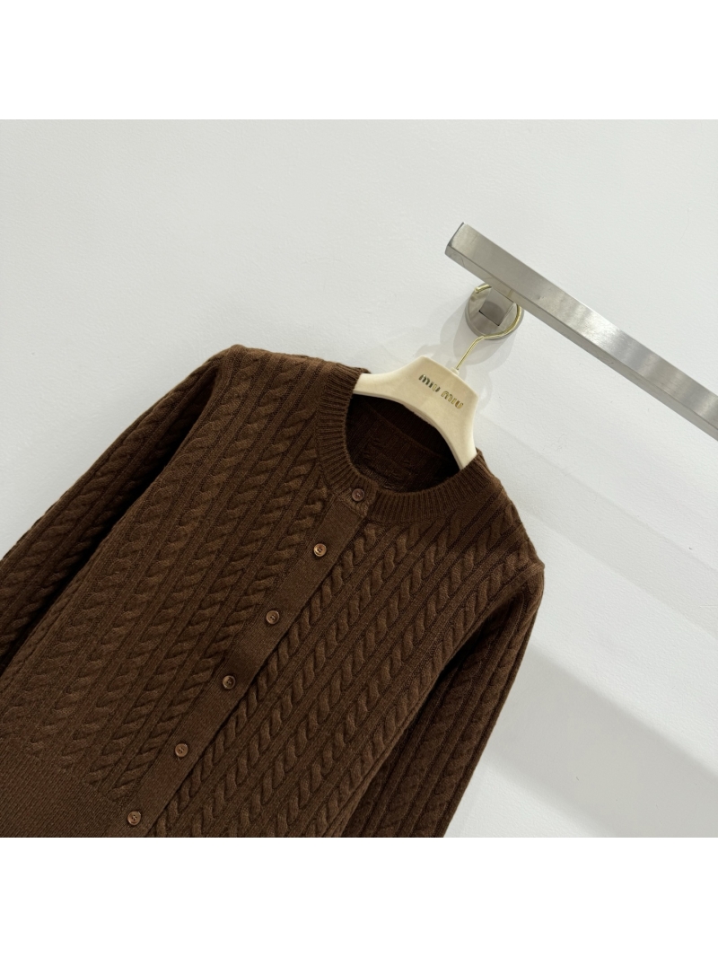 Miu Miu Cable-Knit Cashmere Cardigan with Back Logo in Chocolate Brown