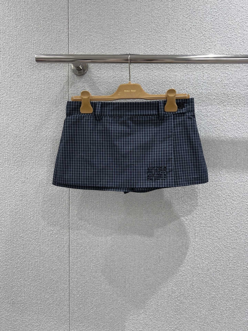 Miu Miu Micro-Mini Checkered Skirt in Navy and Slate Grey - High-Tech Fabric Wrap Design