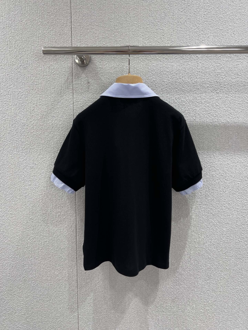 Miu Miu Contrast Collar Short-Sleeve Polo Shirt in Black with Striped Trim