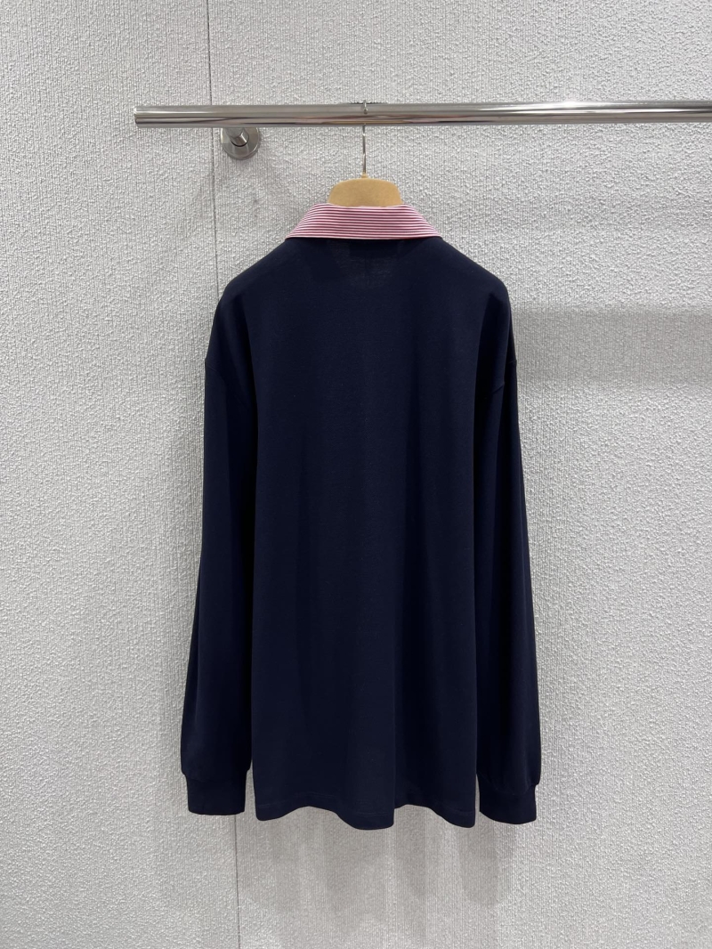 Miu Miu Embroidered Contrast Collar Navy Blue Cotton Long-Sleeved Polo Shirt
