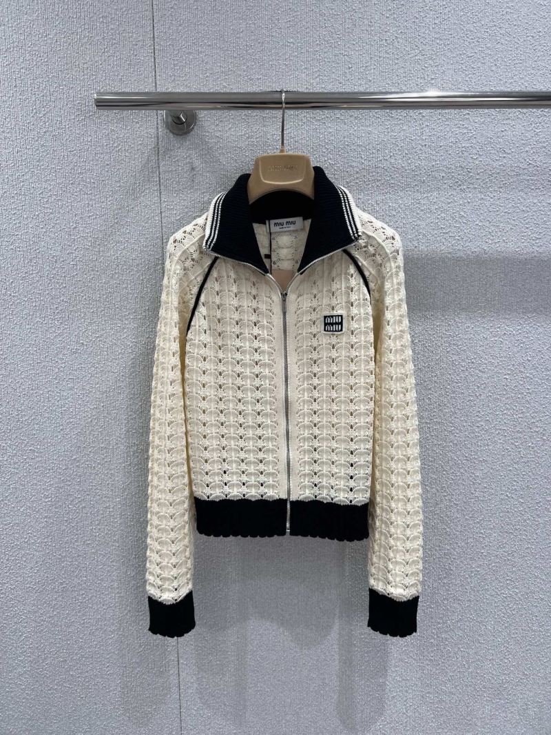 Miu Miu Scalloped Open-Knit Wool Zip-Up Jacket in Ivory and Black