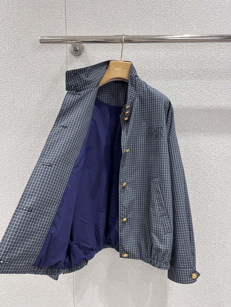 Miu Miu Micro-Check Tech-Fabric Blouson Jacket in Navy Blue and Grey with Signature Gold Buttons