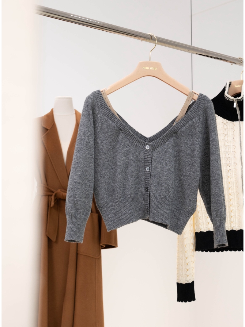 Miu Miu Signature Lingerie-Inspired Wool-Silk Knit Cardigan - Heather Grey