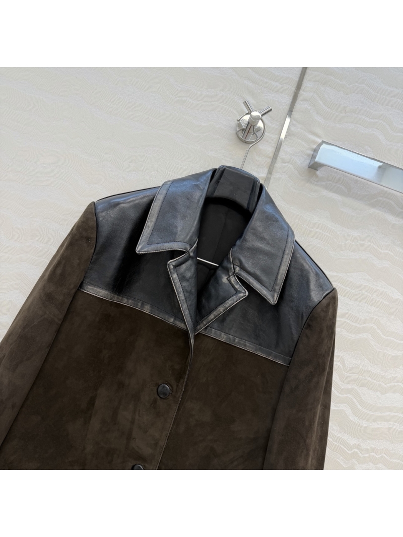 Miu Miu Suede Lambskin and Oil-Waxed Leather Patchwork Oversized Jacket in Chocolate Brown